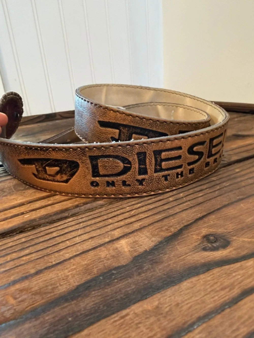 Vintage Diesel Tan Brown Leather Logo Distressed Style Belt Made in Italy